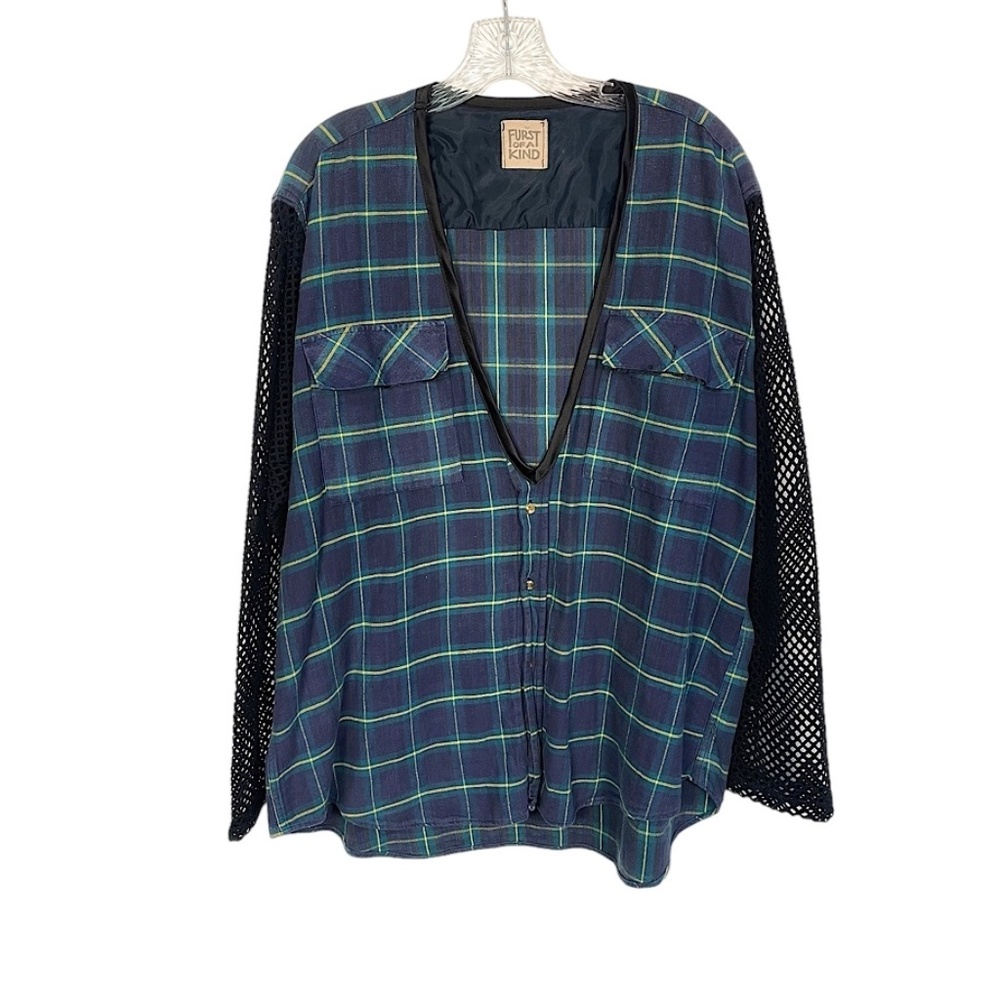 LF Furst Of A Kind Oversized Flannel Blue Black Green Onesie